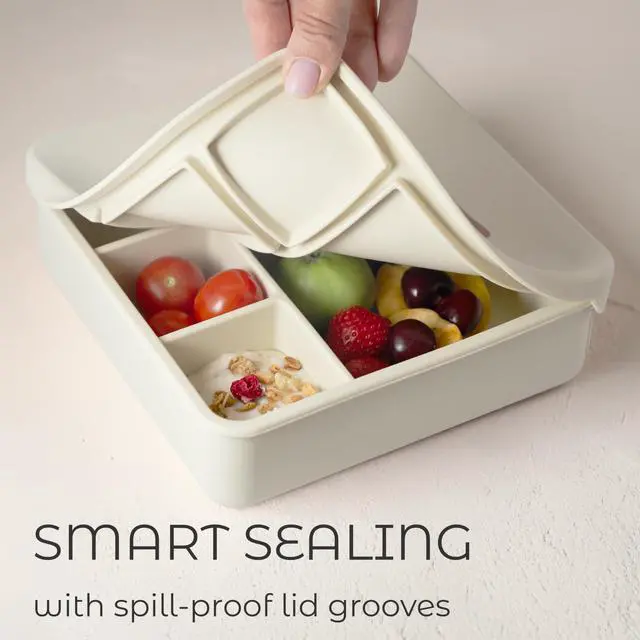 Alt view image 2 of 7 - Large Silicone Bento Box, 5 Compartments, Leakproof Lunch Container, BPA-Free, Microwave & Dishwasher Safe, For Work, School & Travel (Ivory)