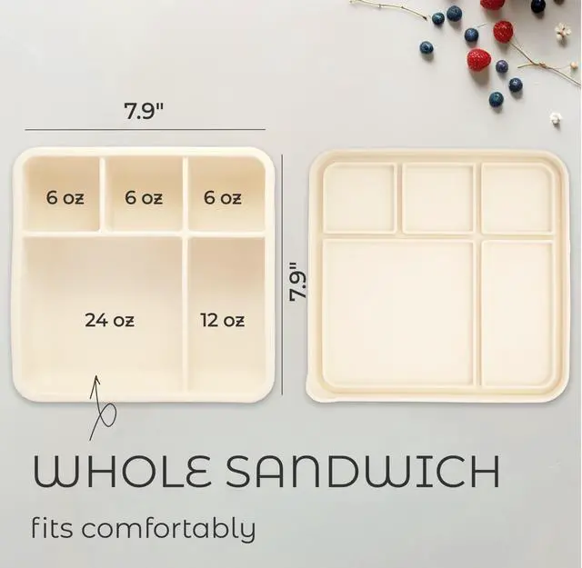 Alt view image 3 of 7 - Large Silicone Bento Box, 5 Compartments, Leakproof Lunch Container, BPA-Free, Microwave & Dishwasher Safe, For Work, School & Travel (Ivory)
