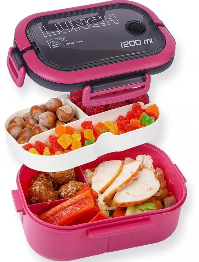 Main image of Bento Box Adult, Lunch Box for Men and Women, 1200ML Leak-proof Double-layered with Handle Lunchbox, Reusable BPA-Free Lunch Container, Microwave/Dishwasher Safe, Snack Box with Cutlery Set, Pink