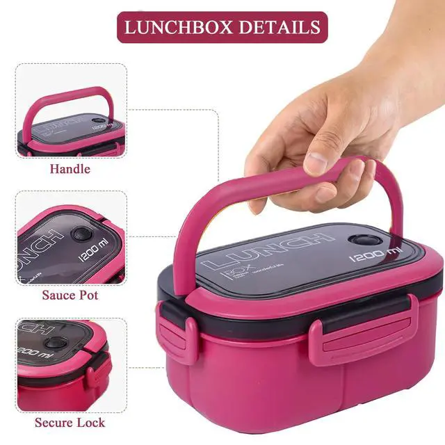 Alt view image 3 of 7 - Bento Box Adult, Lunch Box for Men and Women, 1200ML Leak-proof Double-layered with Handle Lunchbox, Reusable BPA-Free Lunch Container, Microwave/Dishwasher Safe, Snack Box with Cutlery Set, Pink