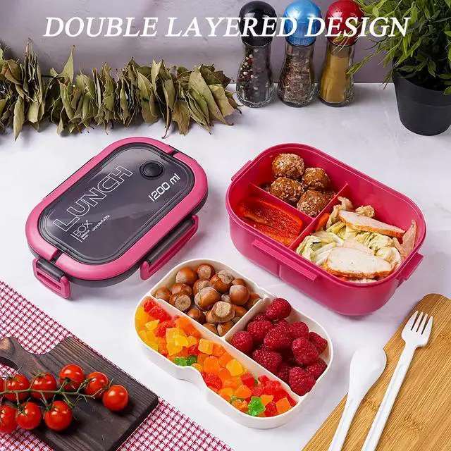Alt view image 4 of 7 - Bento Box Adult, Lunch Box for Men and Women, 1200ML Leak-proof Double-layered with Handle Lunchbox, Reusable BPA-Free Lunch Container, Microwave/Dishwasher Safe, Snack Box with Cutlery Set, Pink