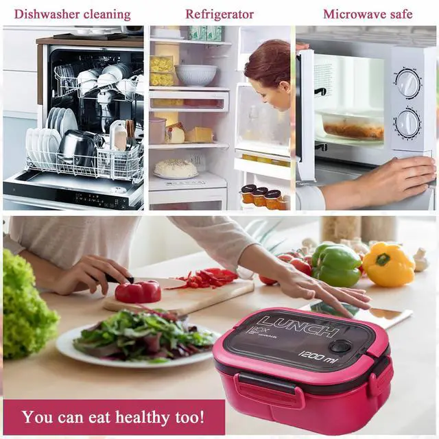 Alt view image 5 of 7 - Bento Box Adult, Lunch Box for Men and Women, 1200ML Leak-proof Double-layered with Handle Lunchbox, Reusable BPA-Free Lunch Container, Microwave/Dishwasher Safe, Snack Box with Cutlery Set, Pink