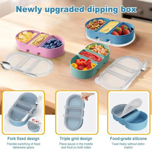 Alt view image 2 of 7 - Silicone Snack Containers 3 Compartments Reusable Snackle Box with Lids Portable Food Storage for Picnic Lunch Office Gym School BPA-Free & Dishwasher Safe (Pink/Blue/Green)