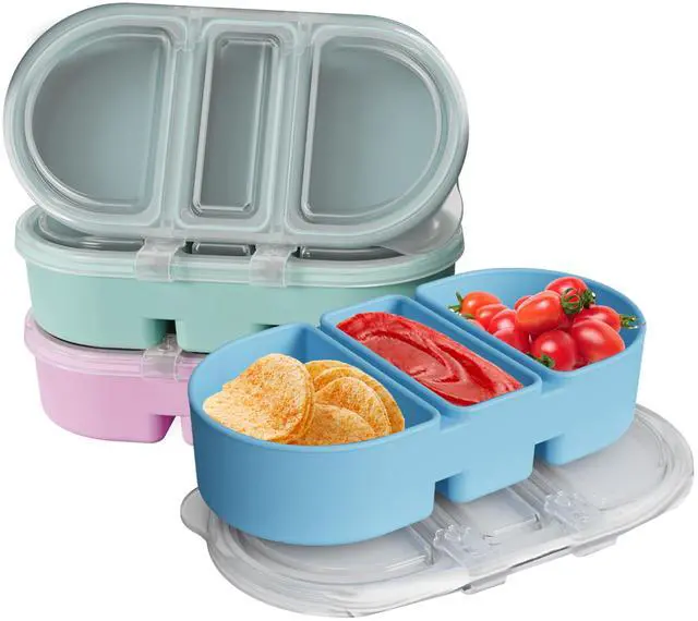Main image of Silicone Snack Containers 3 Compartments Reusable Snackle Box with Lids Portable Food Storage for Picnic Lunch Office Gym School BPA-Free & Dishwasher Safe (Pink/Blue/Green)