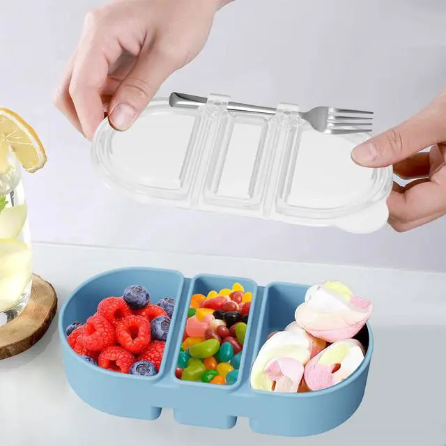Alt view image 3 of 7 - Silicone Snack Containers 3 Compartments Reusable Snackle Box with Lids Portable Food Storage for Picnic Lunch Office Gym School BPA-Free & Dishwasher Safe (Pink/Blue/Green)