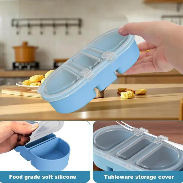 Alt view image 4 of 7 - Silicone Snack Containers 3 Compartments Reusable Snackle Box with Lids Portable Food Storage for Picnic Lunch Office Gym School BPA-Free & Dishwasher Safe (Pink/Blue/Green)