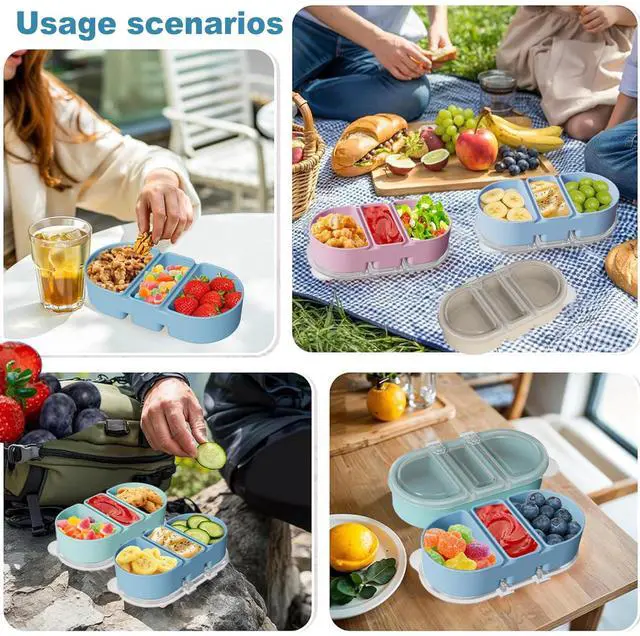 Alt view image 7 of 7 - Silicone Snack Containers 3 Compartments Reusable Snackle Box with Lids Portable Food Storage for Picnic Lunch Office Gym School BPA-Free & Dishwasher Safe (Pink/Blue/Green)
