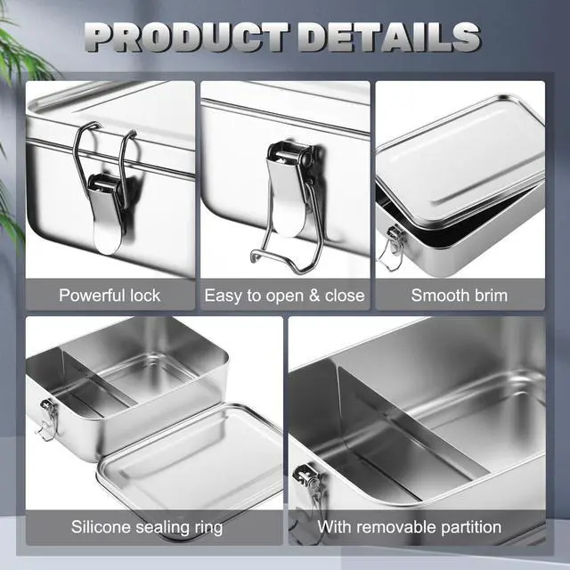 Alt view image 3 of 7 - 1 Pcs Stainless Steel Food Containers 1400ml Metal Bento Lunch Box Stainless Steel Food Storage Containers, Lockable Clips to Leak Proof, Reusable Dishwasher Snack Boxes for Work