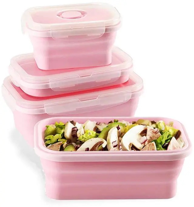 Main image of Set of 3 Collapsible Silicone Food Storage Container, Leftover Meal box For Kitchen, Bento Lunch Boxes, BPA Free, Microwave, Dishwasher and Freezer Safe, Foldable Thin box Design (Pink)