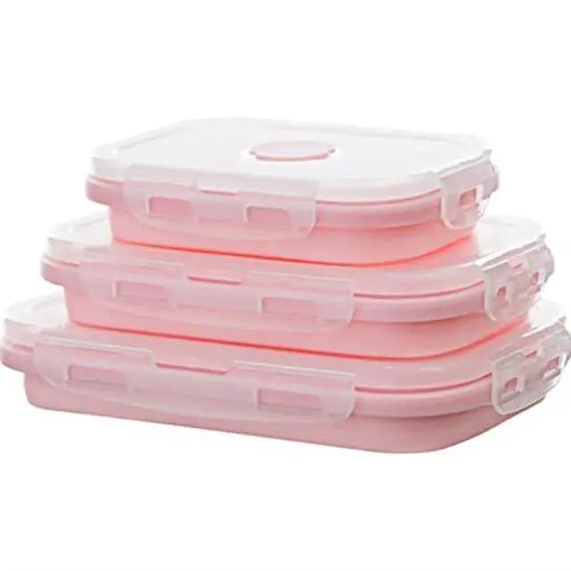 Alt view image 5 of 6 - Set of 3 Collapsible Silicone Food Storage Container, Leftover Meal box For Kitchen, Bento Lunch Boxes, BPA Free, Microwave, Dishwasher and Freezer Safe, Foldable Thin box Design (Pink)