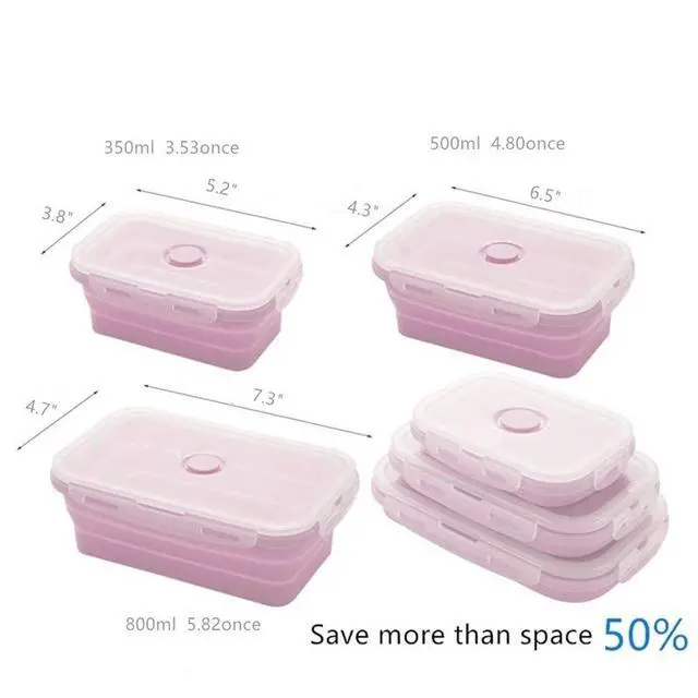 Alt view image 6 of 6 - Set of 3 Collapsible Silicone Food Storage Container, Leftover Meal box For Kitchen, Bento Lunch Boxes, BPA Free, Microwave, Dishwasher and Freezer Safe, Foldable Thin box Design (Pink)