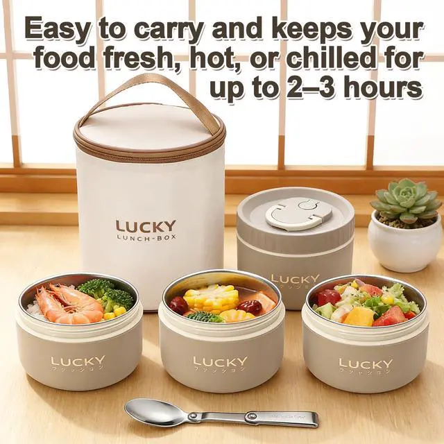 Alt view image 5 of 7 - Portable Insulated Lunch Container set, Bento Box Adult Lunch Box Set with Insulated Lunch Bag, 2 Separate Stackable Thermal Food Lunch Container for Adult, Beige