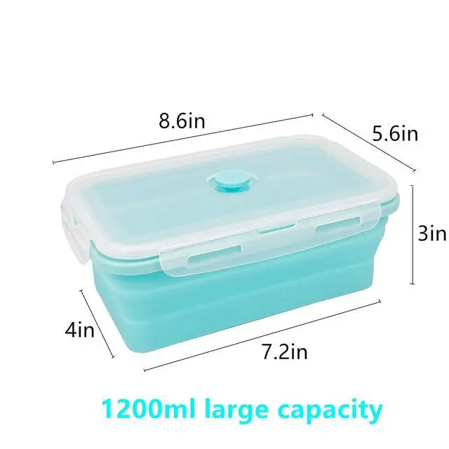 Alt view image 2 of 7 - Large Collapsible Camping Food Containers, 1200ml Silicone Lunch Container, Microwave Safe Reusable Meal Prep Container For Indoor&Outdoor Kitchen With Foldable Spoon, Blue
