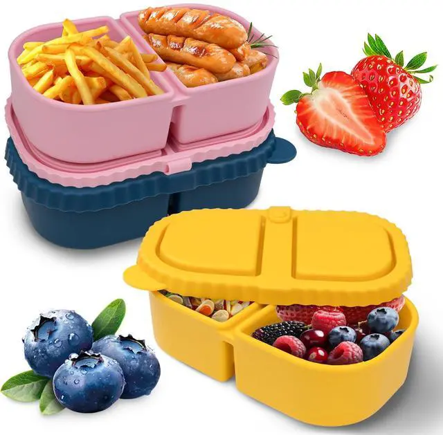 Main image of 3 Pack Portable Silicone Snackle Container With Lids, Reusable Bento Lunch Box Snack Containers, 2 Compartment Divided Food Storage Box For Picnic Office Home