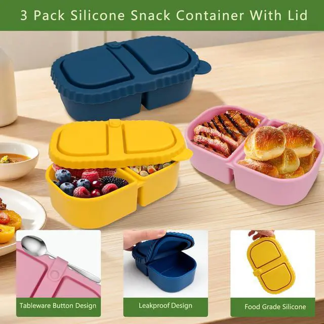Alt view image 2 of 6 - 3 Pack Portable Silicone Snackle Container With Lids, Reusable Bento Lunch Box Snack Containers, 2 Compartment Divided Food Storage Box For Picnic Office Home