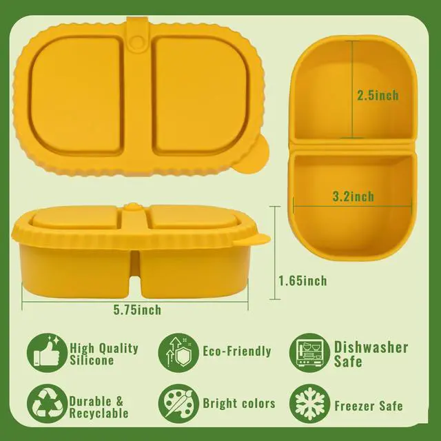 Alt view image 3 of 6 - 3 Pack Portable Silicone Snackle Container With Lids, Reusable Bento Lunch Box Snack Containers, 2 Compartment Divided Food Storage Box For Picnic Office Home