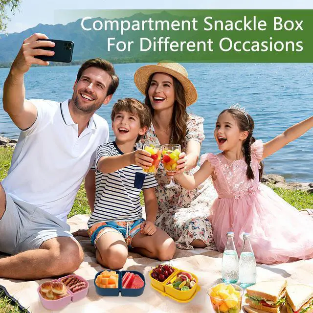 Alt view image 6 of 6 - 3 Pack Portable Silicone Snackle Container With Lids, Reusable Bento Lunch Box Snack Containers, 2 Compartment Divided Food Storage Box For Picnic Office Home