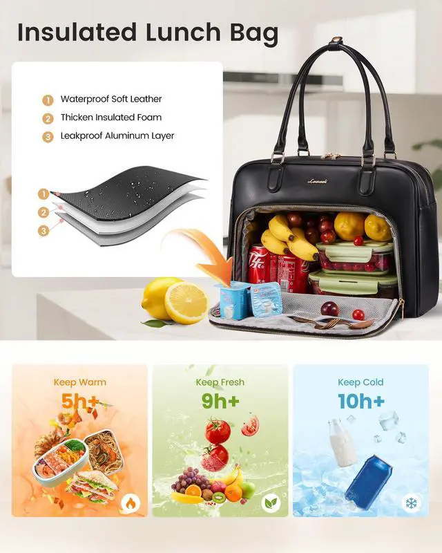 Alt view image 3 of 7 - Lunch Bag for Women With Separate Laptop Compartment,Large Leather Work Teacher Laptop Tote Bag With Insulated Lunch Compartment,Cute Quilted Womens Lunch Box Purse Handbag for Travel,College