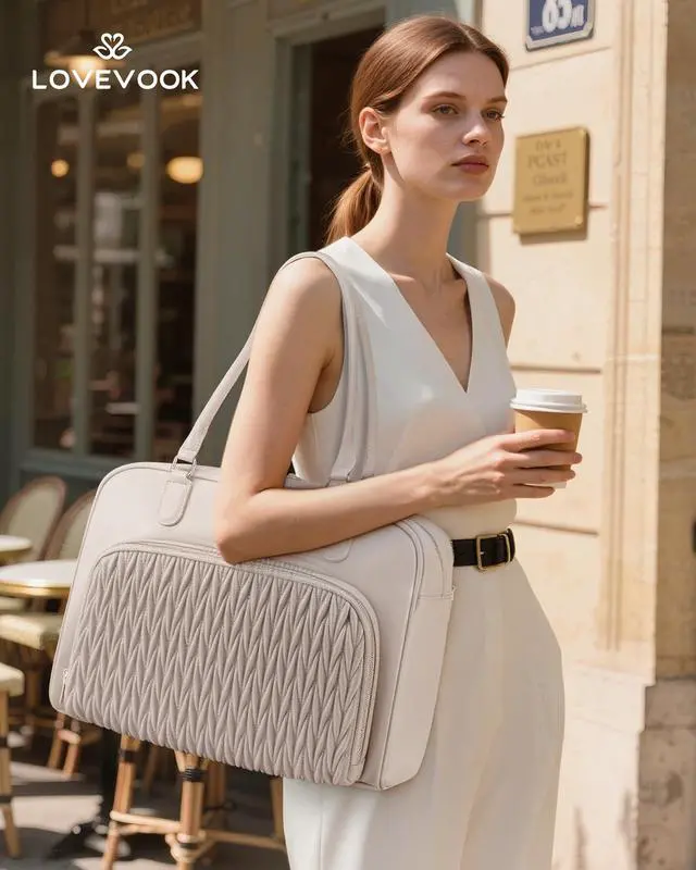 Alt view image 2 of 7 - Lunch Bag for Women With Separate Laptop Compartment,Large Leather Work Teacher Laptop Tote Bag With Insulated Lunch Compartment,Cute Quilted Womens Lunch Box Purse Handbag for Travel,College