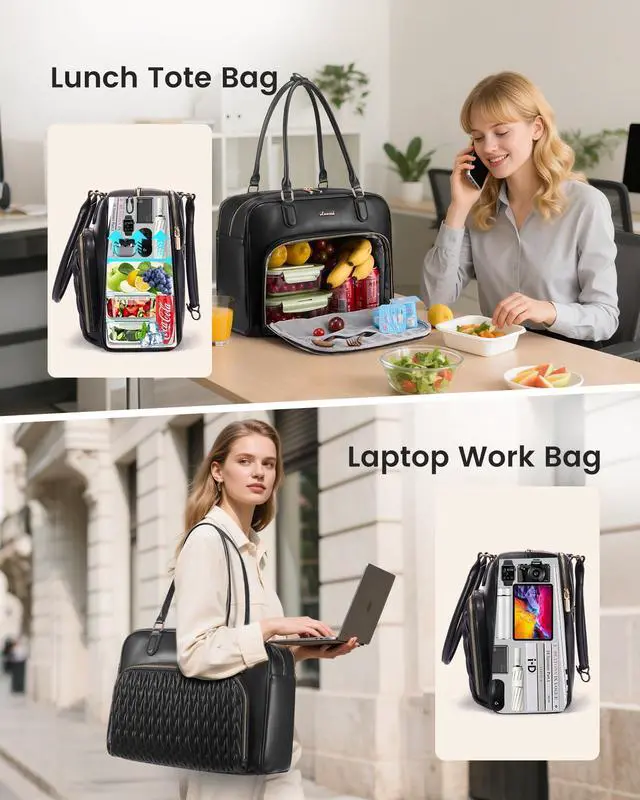 Alt view image 5 of 7 - Lunch Bag for Women With Separate Laptop Compartment,Large Leather Work Teacher Laptop Tote Bag With Insulated Lunch Compartment,Cute Quilted Womens Lunch Box Purse Handbag for Travel,College