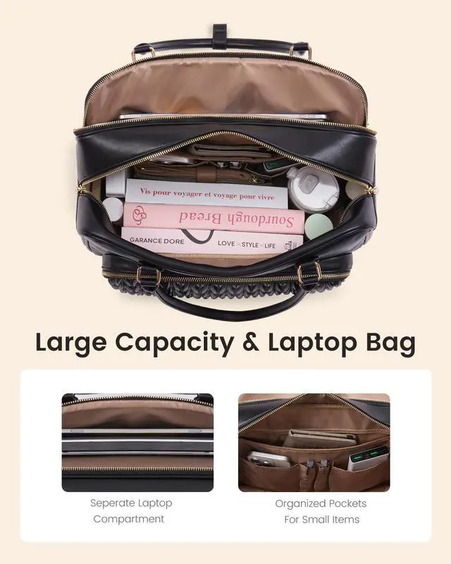 Alt view image 4 of 7 - Lunch Bag for Women With Separate Laptop Compartment,Large Leather Work Teacher Laptop Tote Bag With Insulated Lunch Compartment,Cute Quilted Womens Lunch Box Purse Handbag for Travel,College