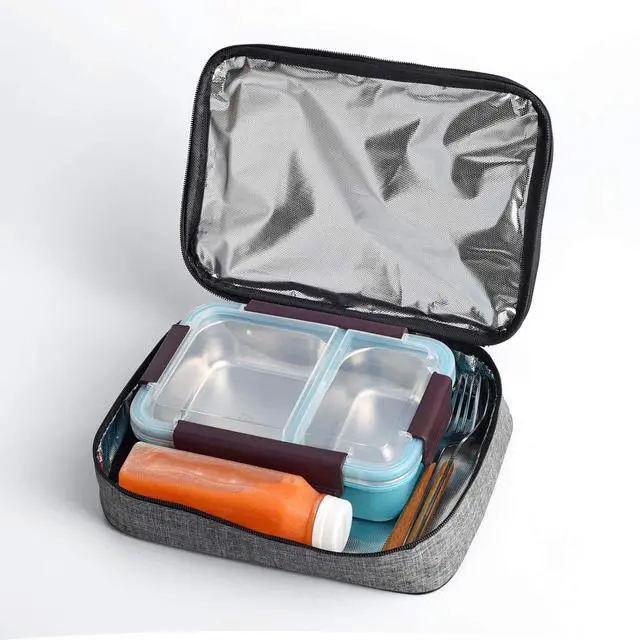 Alt view image 2 of 7 - Small Insulated Lunch Bag Mini Lunch Box Portable Flat Lunch Pail Reusable Snack Bags with Handle,Cooler Lunch Bag for Men,Women Grey
