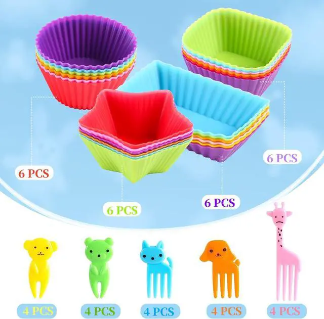 Alt view image 5 of 7 - Silicone Lunch Box Dividers,24 pcs Bento Box Dividers with 20 Animal Picks,Silicone Bento Box Inserts,Cupcake Baking Cups,Muffin Pan Liners,Reusable and BPA Free