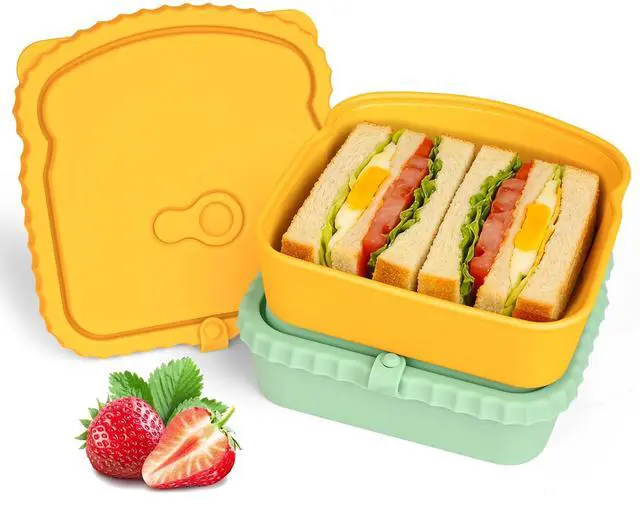 Main image of 2 Pack Silicone Sandwich Container with Leakproof Lids, 15oz Reusable Lunch Box, BPA-Free Silicone Snack Box, Reusable Toast Container for Sandwiches, Snacks, Office, Travel (Yellow+Green)