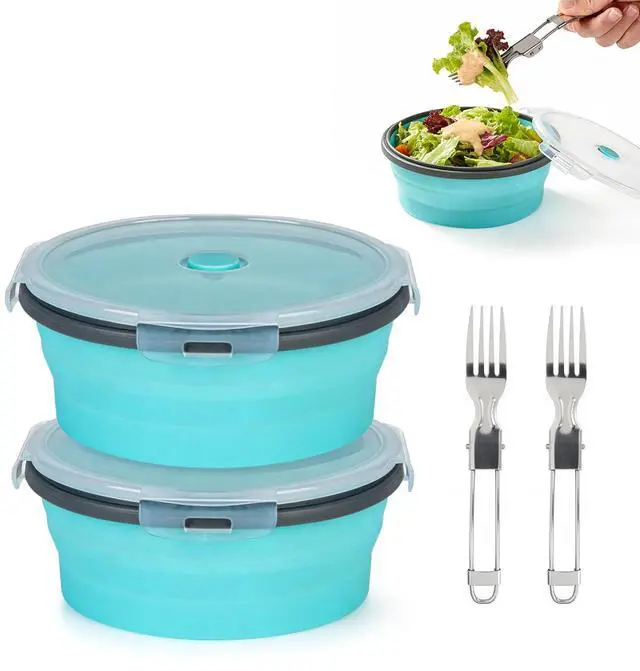 Main image of Collapsible Silicone Camping Bowl with Airtight Lid, 2-Pack1200ml/42oz, Foldable Bowl for Travel, RV, Leakproof Food Storage, Microwave & Fridge Safe, Includes Stainless Steel Fork