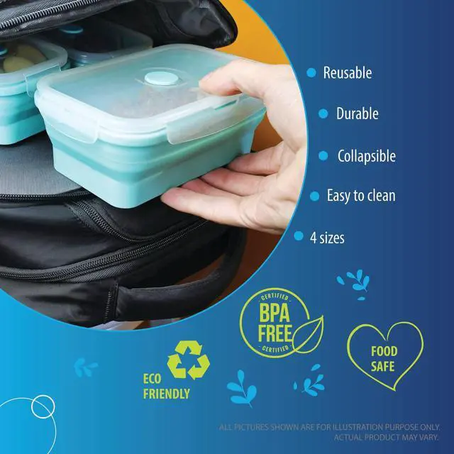 Alt view image 3 of 7 - - Collapsible Silicone Food Storage Containers with Lids, Set of 4, BPA-Free, Airtight, Space-Saving Meal Prep & Lunch Box, Microwavable, Freezer & Dishwasher Safe, Camping & Travel