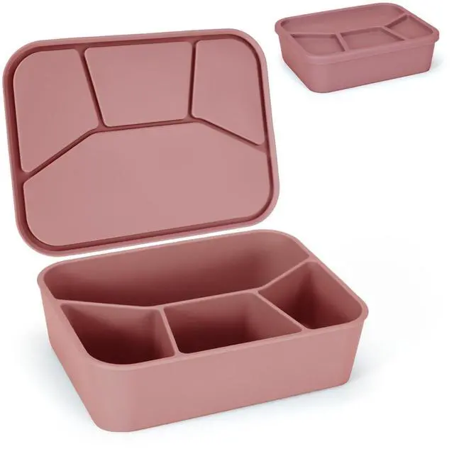 Main image of Leak-proof Silicone Lunch Box Bento Box, Silicone Lunch Container 4 Compartments for Adults, Bento Snack Box, Microwave & Dishwasher Safe, Brick-Red