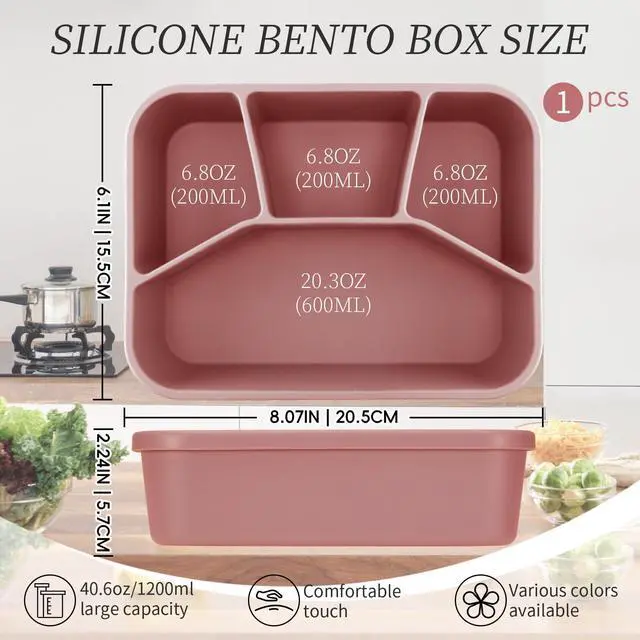 Alt view image 2 of 7 - Leak-proof Silicone Lunch Box Bento Box, Silicone Lunch Container 4 Compartments for Adults, Bento Snack Box, Microwave & Dishwasher Safe, Brick-Red
