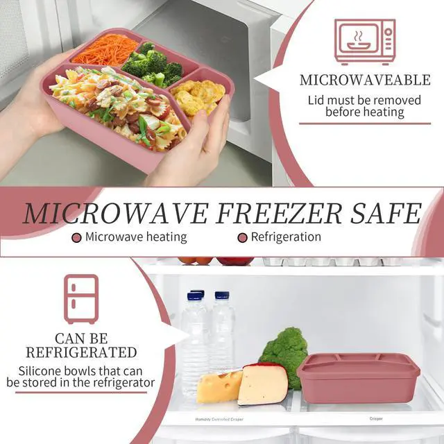 Alt view image 5 of 7 - Leak-proof Silicone Lunch Box Bento Box, Silicone Lunch Container 4 Compartments for Adults, Bento Snack Box, Microwave & Dishwasher Safe, Brick-Red