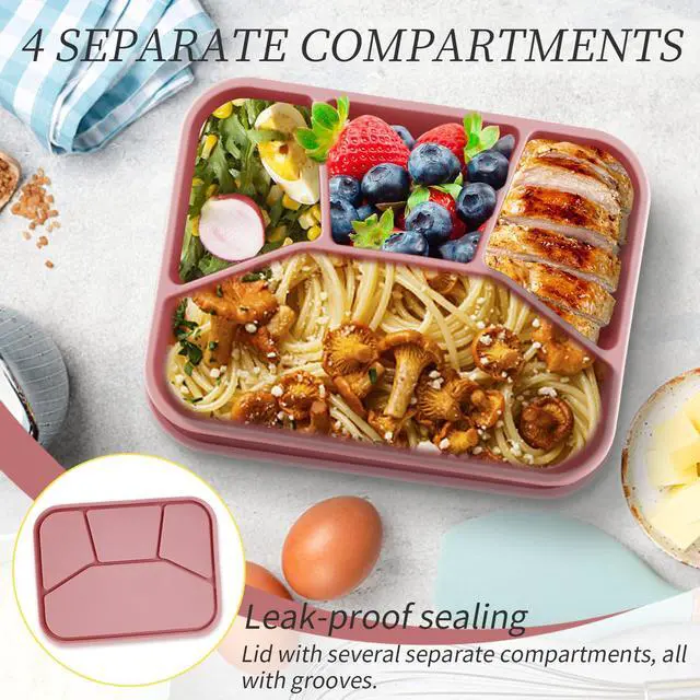 Alt view image 6 of 7 - Leak-proof Silicone Lunch Box Bento Box, Silicone Lunch Container 4 Compartments for Adults, Bento Snack Box, Microwave & Dishwasher Safe, Brick-Red