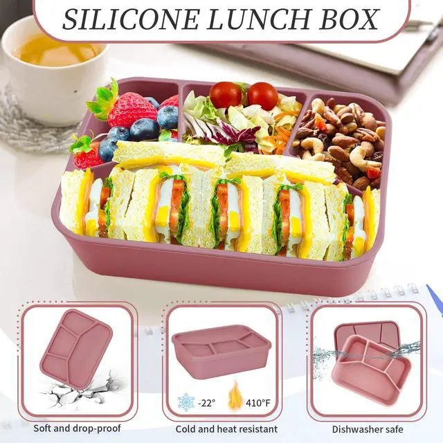Alt view image 4 of 7 - Leak-proof Silicone Lunch Box Bento Box, Silicone Lunch Container 4 Compartments for Adults, Bento Snack Box, Microwave & Dishwasher Safe, Brick-Red