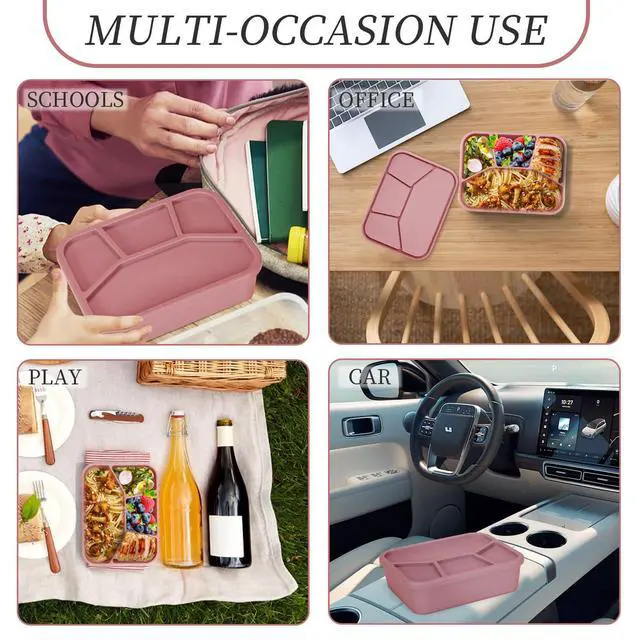 Alt view image 7 of 7 - Leak-proof Silicone Lunch Box Bento Box, Silicone Lunch Container 4 Compartments for Adults, Bento Snack Box, Microwave & Dishwasher Safe, Brick-Red