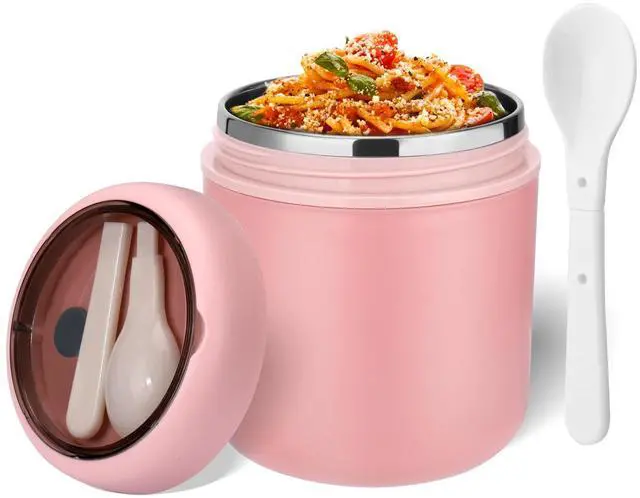 Main image of 16oz Insulated Thermo Food Container for Hot Food - Leak-Proof Stainless Steel Kids Thermo for with Wide Mouth & Foldable Spoon, Suitable for Hot & Cold Foods, Lunches, Soups, Travel (Pink)