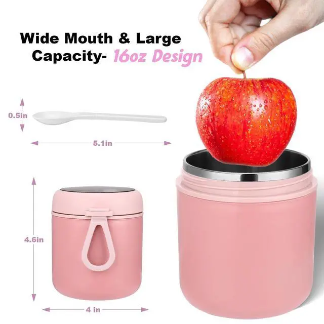 Alt view image 2 of 7 - 16oz Insulated Thermo Food Container for Hot Food - Leak-Proof Stainless Steel Kids Thermo for with Wide Mouth & Foldable Spoon, Suitable for Hot & Cold Foods, Lunches, Soups, Travel (Pink)