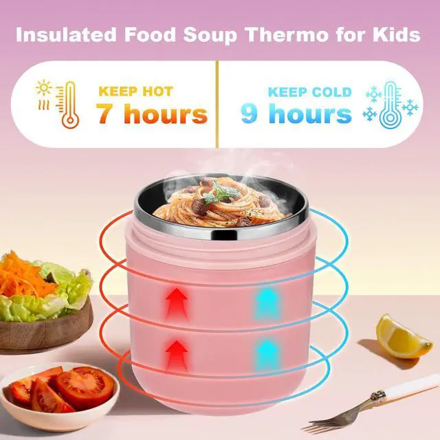 Alt view image 3 of 7 - 16oz Insulated Thermo Food Container for Hot Food - Leak-Proof Stainless Steel Kids Thermo for with Wide Mouth & Foldable Spoon, Suitable for Hot & Cold Foods, Lunches, Soups, Travel (Pink)