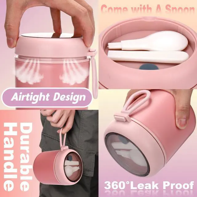 Alt view image 5 of 7 - 16oz Insulated Thermo Food Container for Hot Food - Leak-Proof Stainless Steel Kids Thermo for with Wide Mouth & Foldable Spoon, Suitable for Hot & Cold Foods, Lunches, Soups, Travel (Pink)