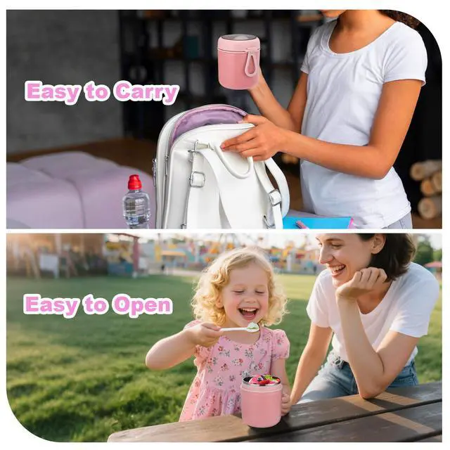 Alt view image 6 of 7 - 16oz Insulated Thermo Food Container for Hot Food - Leak-Proof Stainless Steel Kids Thermo for with Wide Mouth & Foldable Spoon, Suitable for Hot & Cold Foods, Lunches, Soups, Travel (Pink)