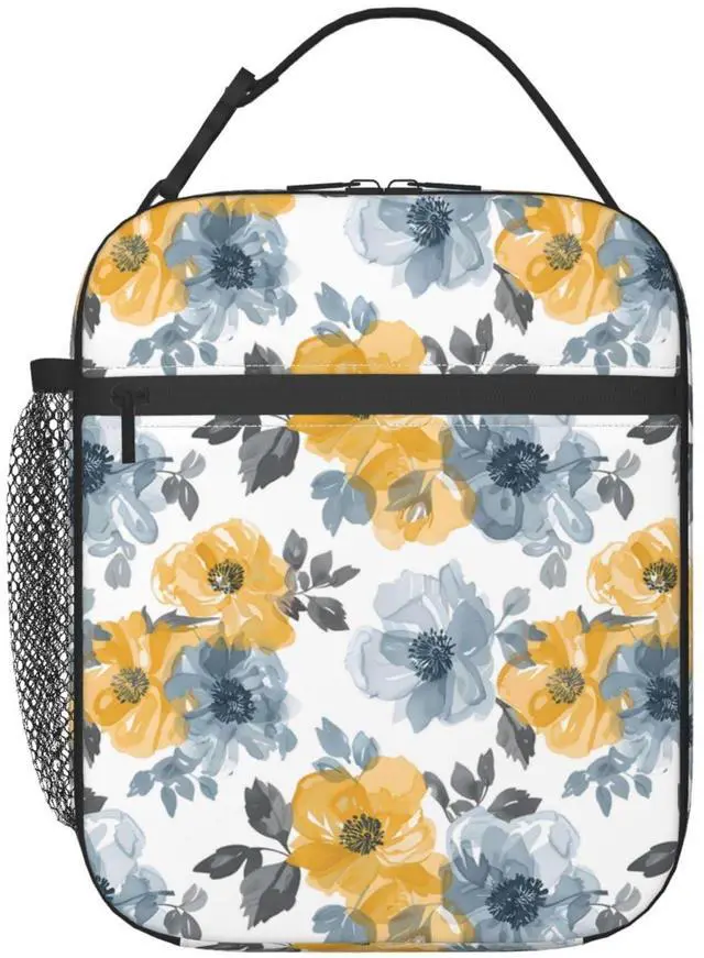 Main image of Reusable Floral Lunch Box for Kids Girls Boys Women Adult, Insulated Yellow and Blue Flower Lunch Bag,Polyester Cooler Handbags Case for School Picnic Work Travel Beach or Hiking
