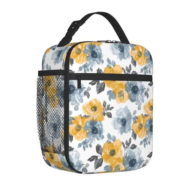 Alt view image 2 of 7 - Reusable Floral Lunch Box for Kids Girls Boys Women Adult, Insulated Yellow and Blue Flower Lunch Bag,Polyester Cooler Handbags Case for School Picnic Work Travel Beach or Hiking
