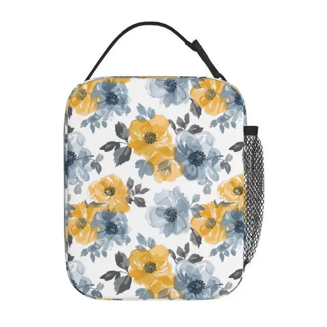 Alt view image 3 of 7 - Reusable Floral Lunch Box for Kids Girls Boys Women Adult, Insulated Yellow and Blue Flower Lunch Bag,Polyester Cooler Handbags Case for School Picnic Work Travel Beach or Hiking