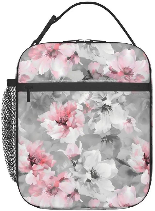 Main image of Reusable Floral Lunch Box for Kids Girls Boys Women Adult, Insulated Pink and White Flower Lunch Bag,Polyester Cooler Art Handbags Case for School Picnic Work Travel Beach or Hiking (Gray)