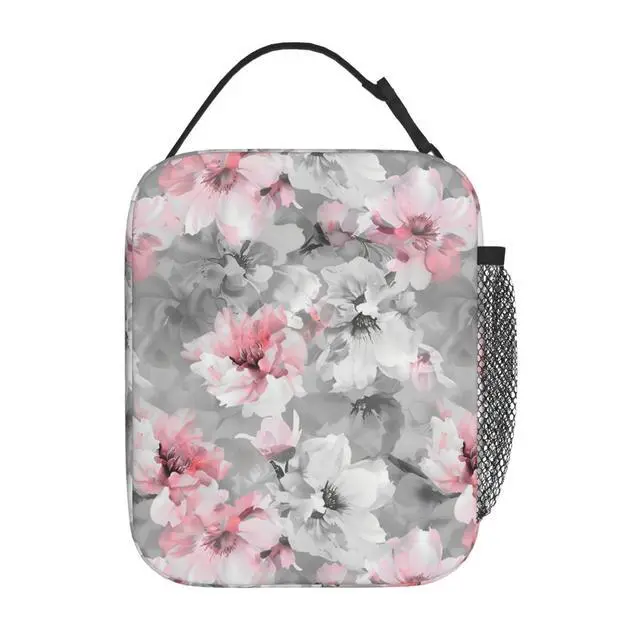 Alt view image 3 of 7 - Reusable Floral Lunch Box for Kids Girls Boys Women Adult, Insulated Pink and White Flower Lunch Bag,Polyester Cooler Art Handbags Case for School Picnic Work Travel Beach or Hiking (Gray)