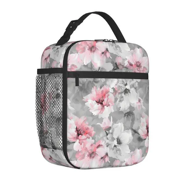 Alt view image 2 of 7 - Reusable Floral Lunch Box for Kids Girls Boys Women Adult, Insulated Pink and White Flower Lunch Bag,Polyester Cooler Art Handbags Case for School Picnic Work Travel Beach or Hiking (Gray)