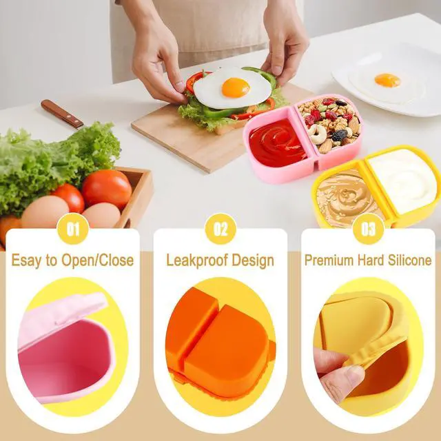 Alt view image 2 of 7 - 3 Pcs Reusable Silicone Snack Containers with Lids 2 Compartment Snackle Box Container for Kids Adults Portable Sauce Containers Small Food Storage Box for Dressing School Office Travel Picnic
