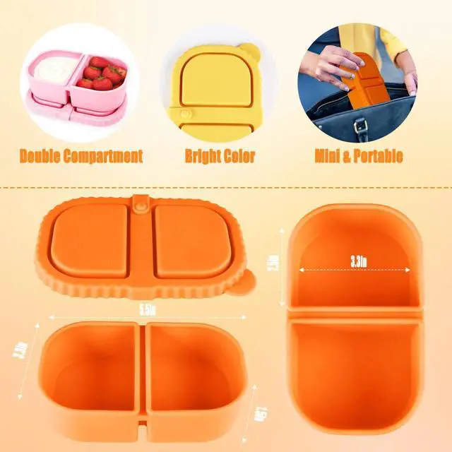 Alt view image 6 of 7 - 3 Pcs Reusable Silicone Snack Containers with Lids 2 Compartment Snackle Box Container for Kids Adults Portable Sauce Containers Small Food Storage Box for Dressing School Office Travel Picnic