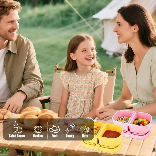Alt view image 3 of 7 - 3 Pcs Reusable Silicone Snack Containers with Lids 2 Compartment Snackle Box Container for Kids Adults Portable Sauce Containers Small Food Storage Box for Dressing School Office Travel Picnic